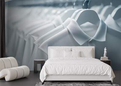 Close-up of multiple white polo shirts on hangers, 4th image Wall mural