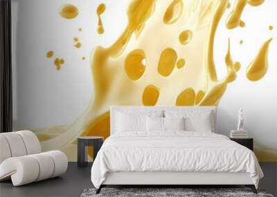 Closeup of melted cheese stretching and dripping isolated on white background Wall mural