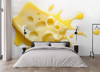 Closeup of melted cheese stretching and dripping isolated on white background Wall mural