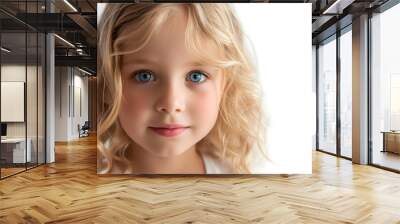 Closeup portrait of beautiful blond hair and blue eyes little girl isolated on white background Wall mural