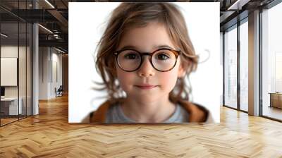 Closeup portrait of beautiful caucasian kid girl with glasses, isolated on a white background Wall mural