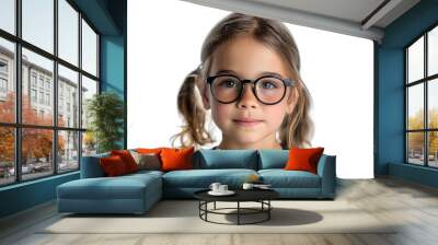 Closeup portrait of beautiful caucasian kid girl with glasses, isolated on a white background Wall mural