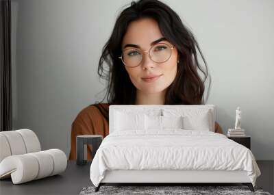 Closeup portrait of beautiful woman wearing eyeglass isolated on white background  Wall mural