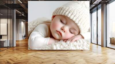 Closeup portrait of cute newborn baby isolated on white background Wall mural