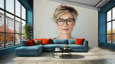 Closeup portrait of mature beautiful woman with short hair wearing glasses, isolated on light background Wall mural