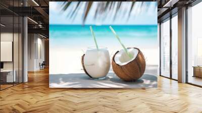 coconut cocktails on tropical sand beach Wall mural