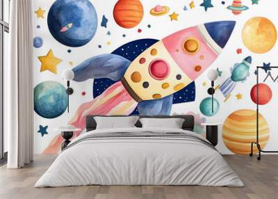 Collection of watercolor cartoon paintings of solar system planets and rocket isolated Wall mural