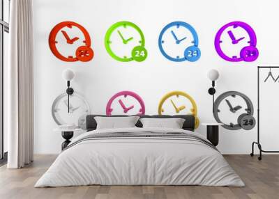 Colorful Clock 24 hours icon isolated on white background. All day cyclic icon. 24 hours service symbol. Minimalism concept. 3D render illustration Wall mural