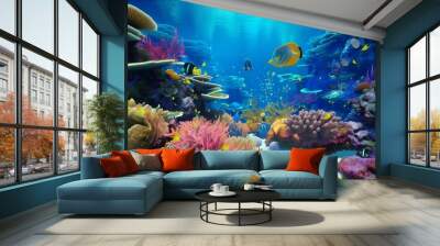 Colorful coral reef with bride fishes created with Generative AI technology. Ocean day Wall mural