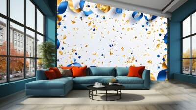 Colorful yellow and blue confetti with ribbons on a white background.  Wall mural