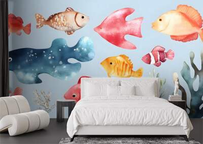 Coral reef fish collection isolated on white background Wall mural