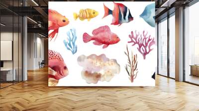 Coral reef fish collection isolated on white background Wall mural