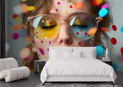 Creative photography, fashion closeup portrait of young woman with colorful confetti Wall mural