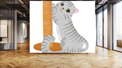 cute and fluffy kitten sharpens its feet on a scratching post, pet, striped gray plump cat walks or plays with, vector illustration isolated on a white background Wall mural