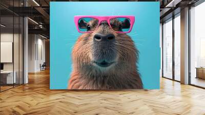 Cute Capybara in pink glasses front view isolated on blue background Wall mural