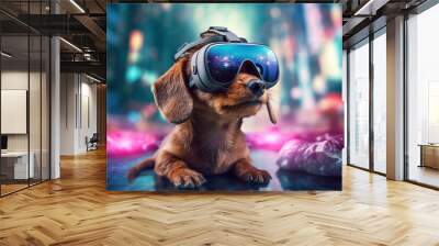 Cute dog with VR headset exploring the metaverse created with Generative AI technology Wall mural