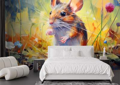 cute field mouse in forest drawn by oil paints, colorful background Wall mural