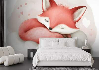 Cute little fox watercolor cartoon illustration isolated on a white background Wall mural