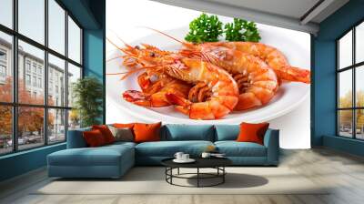 Delicious shrimps on white plate isolated on white background Wall mural