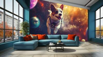 Dog Astronaut flying outer space among colorful planets and stars cartoon illustration Wall mural