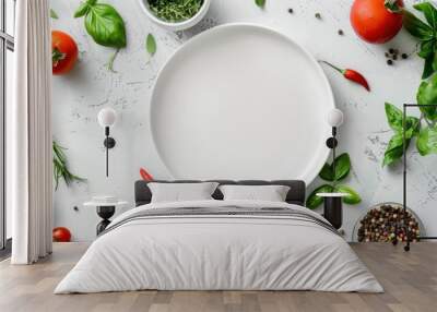 Empty white plate with fresh condiments Wall mural