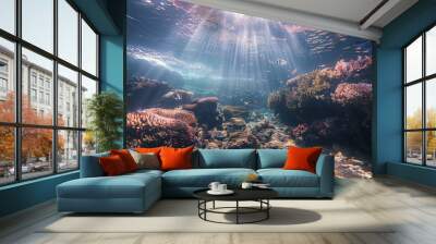 Enchanting underwater realm  vibrant coral reefs, exotic fish, and sunlight rays Wall mural