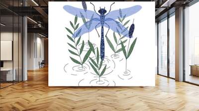 dragonfly over water with reeds, circles on the water, hand-drawn, isolated on a white background. Wall mural