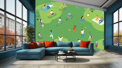 Family picnic and summer rest. People in park leisure and outdoor activity. City park isometry icons of people sitting on bench, playing and reading book vector isometric isolated elements. Wall mural