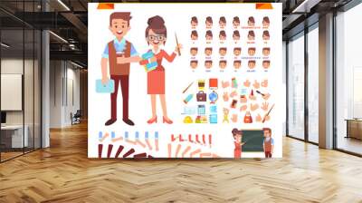 Female and male teachers creation set. Front, side, back, 3/4 view animated character. Separate parts of body. Constructor with various views, lip sync and gestures. Cartoon style, flat vector illustr Wall mural