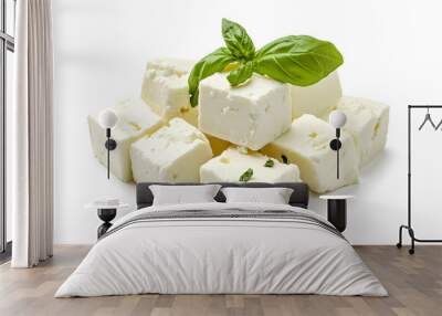 Feta cheese cut in cubes, isolated on white background Wall mural