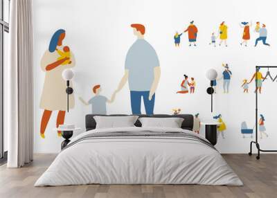 Flat vector cartoon family. Parents and kids. Childhood. Outdoor. Wall mural