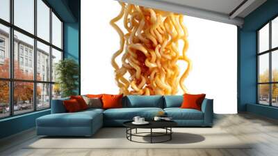 Floating pair of wooden chopsticks holding a small amount of noodles isolated on white
 Wall mural