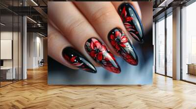 Floral black and red nail art. Close-up of black and red floral nail art, highlighting intricate flower designs and glossy finish on manicured nails. Wall mural