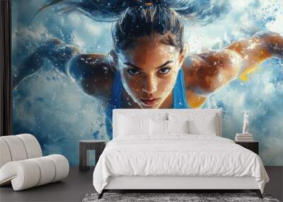 Focused woman swimming through water in blue attire Wall mural