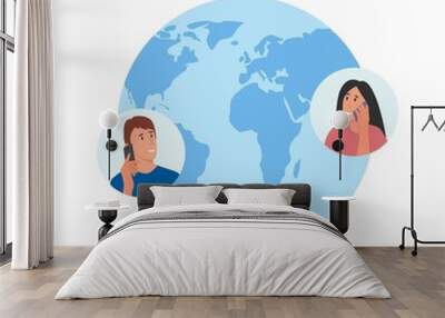 Friends talking on the phone.People chatting from different parts of the world. Conversation concept vector illustration.Long distance relationships Wall mural