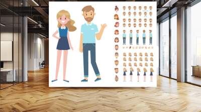 Front, side, back, 3/4 view animated characters. Man and woman creation set with various views, hairstyles and gestures. Cartoon style, flat vector illustration. Wall mural