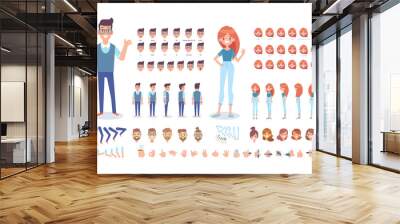 Front, side, back, 3/4 view animated characters. Young people creation set with various views, hairstyles and gestures. Cartoon style, flat vector illustration. Wall mural