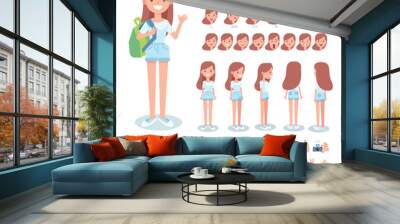 Front, side, back view animated character. Teenage girl character creation set with various views, hairstyles, face emotions, poses and gestures. Cartoon style, flat vector illustration. Wall mural