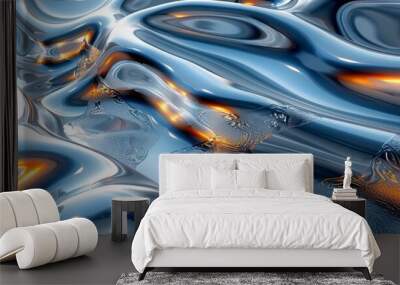 Futuristic abstract silver and orange texture. Abstract texture featuring fluid silver and orange elements, creating a futuristic and dynamic visual effect. Banner with copy space Wall mural