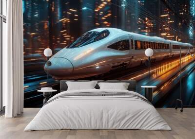 Futuristic white train speeding through lit city tracks. Wall mural