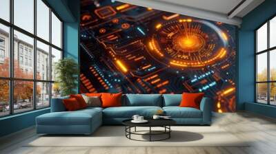 Glowing cyber circuit board with central data hub. Wall mural