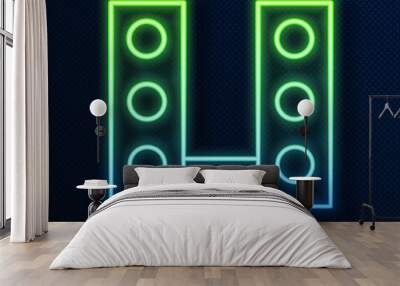 Glowing neon line Home stereo with two speaker s icon isolated on blue background. Music system. Vector. Wall mural