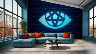 Glowing neon Pentagram icon isolated on brick wall background. Magic occult star symbol.  Vector Illustration Wall mural