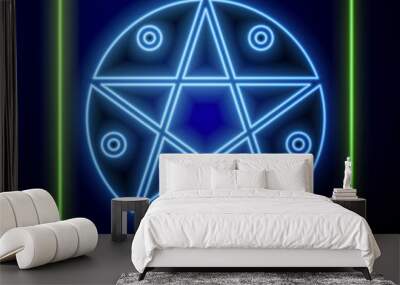 Glowing neon Pentagram in a circle icon isolated on blue background. Magic occult star symbol Wall mural