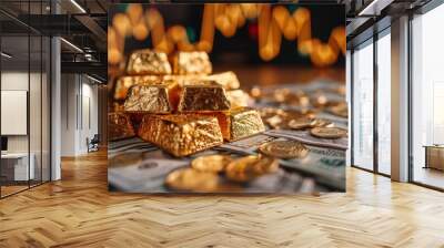 Gold bars and coins on dollar bills with stock market chart in background. Investment and finance concept Wall mural