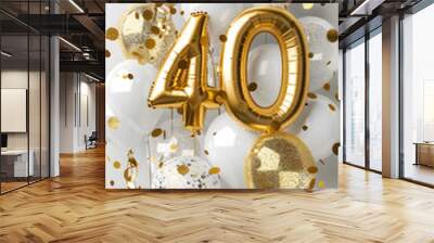 Golden foil number 40 balloon birthday design with balloons, party favors, ribbons, confetti and glitter Wall mural