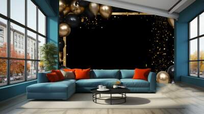 Golden frame with gold and black balloons with sparkles on black background Wall mural