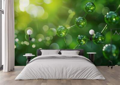 Green Molecular Structure in Sunlight. Close-up of a green molecular structure with sunlight and bokeh effect, symbolizing nature and science integration. Wall mural