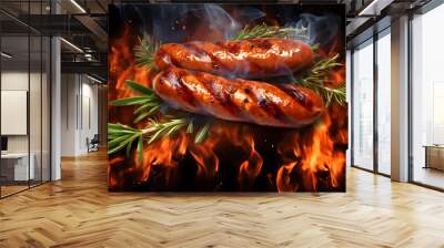 Grilled sausage in the grill image. Smoky grilled sausages Wall mural