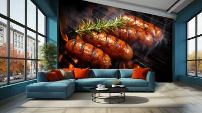 Grilled sausage in the grill image. Smoky grilled sausages Wall mural